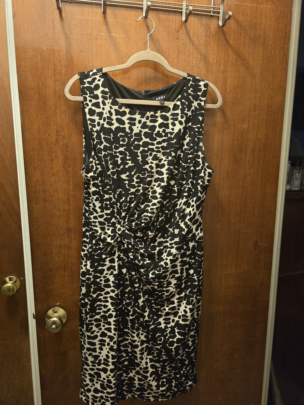 DKNY Black and White Twist-Front Midi Sheath Dress